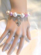 NeW Pink &amp; White Beaded Stretch  Bracelet Fancy Cross Charm Bracelet  - $4.99