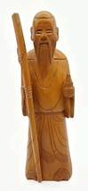 Chinese Monk Buddha Figurine Wise Man With A Walking Stick Carved Wooden 15&quot; - £31.79 GBP