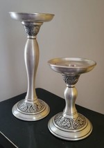 POTTERY BARN Pewter Set of 2 CANDLESTICKS Taper or Pillar Candle Grape P... - $42.99