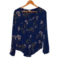 Lucky Brand Womens size Small Long Sleeve Split Neck Top Navy Blue Floral - £17.66 GBP