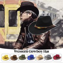 Unisex Faux Wool Felt Western Cowboy Hat with Belt Wide Brim Tibetan Cap - £9.44 GBP