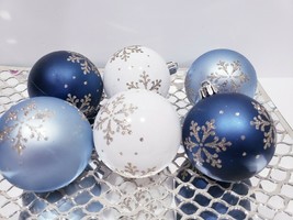 Coastal Beach  Blue Gold White Glitter Ball Christmas Plastic Ornaments 3&quot; - £16.77 GBP