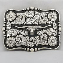 Vintage Belt Buckle Longhorn Bull Western Cowboy Rodeo Flowers Filigree USA - £26.27 GBP