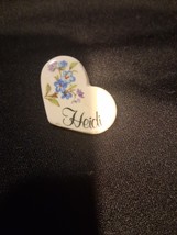 Heidi  Ceramic Heart Name Lapel Pin With  Purple &amp; Blue Flowers Vintage - $1.35 CAD