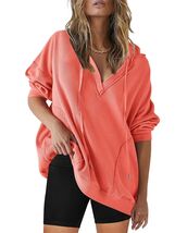 SENSERISE Womens Oversized Melon Red V Neck Hoodie Sweatshirt Size S - $119.43 MXN