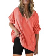 SENSERISE Womens Oversized Melon Red V Neck Hoodie Sweatshirt Size S - $119.43 MXN SENSERISE Womens Oversized Melon Red V Neck Hoodie Sweatshirt Size S - $119.43 MXN