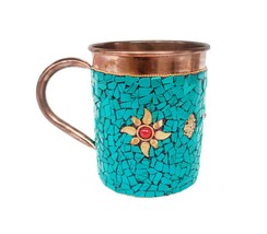 Rastogi Handicraft Pure Copper Green Stone Straight Mug Drinkware Set Dinnerware - £18.00 GBP+