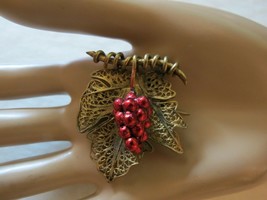 Antique Filigree Brooch Pin Red Enamel Grapes Cluster Leaf Vine Long Pin... - $52.99