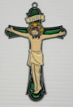 H) Vintage Suncatcher Stained Acrylic Glass Jesus Crucifix Hanging Ornament - $9.89