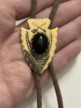 Vintage Black Onyx Arrowhead Bolo Tie Brown Cord Bullet Case Tips - £18.39 GBP