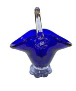 VTG Cobalt Blue Art Glass Heavy 7” Basket Trinket Holder Decor Clear Handle - $29.50