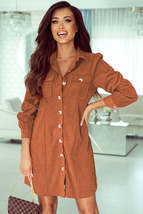 Khaki Corduroy Buttoned 	Long Sleeve Shirt Dress - £26.88 GBP+