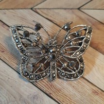 Vintage Silver Tone Butterfly Brooch Pin Faux Marcasite Sparkly Victorian - $18.69