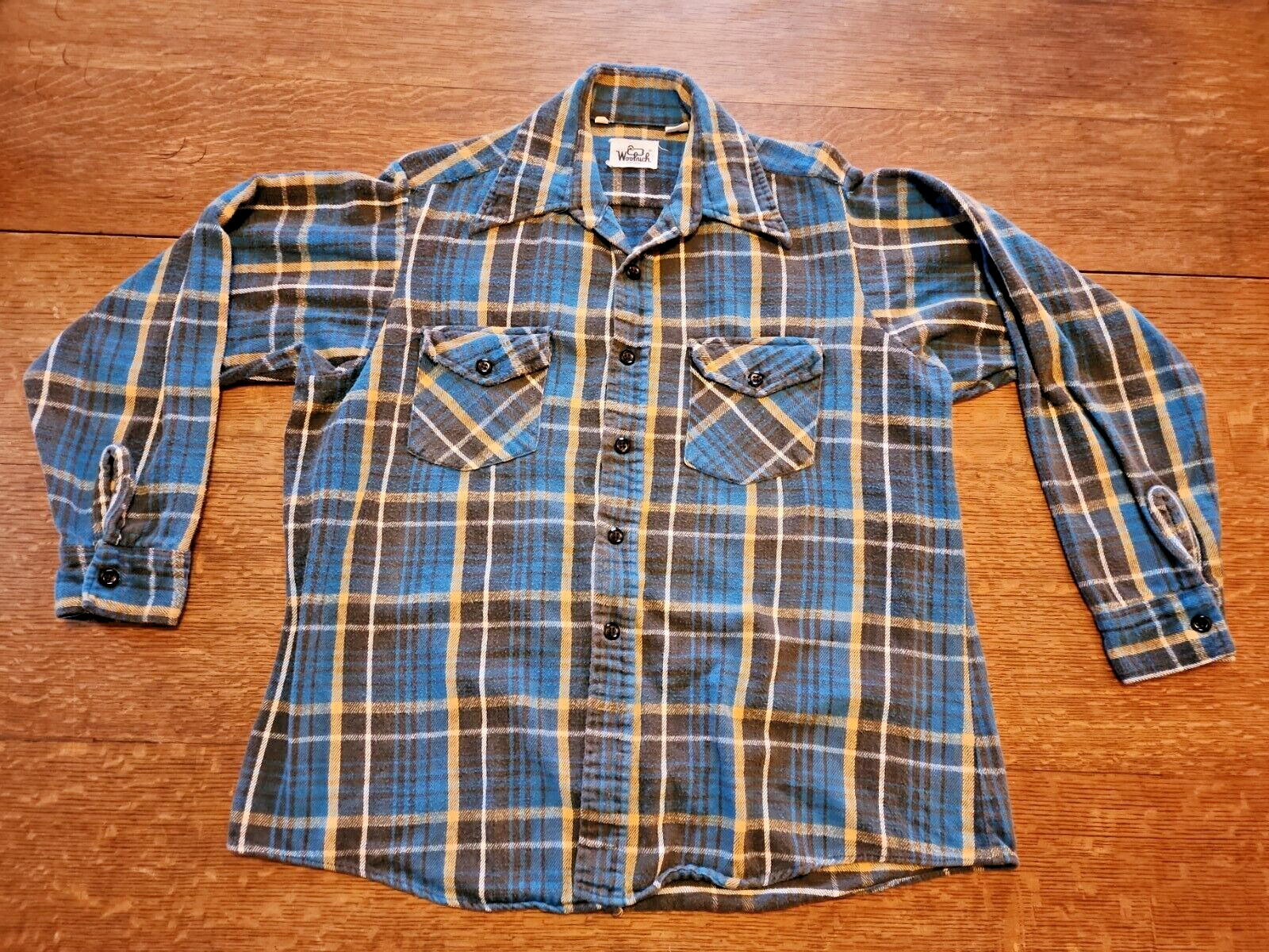 Primary image for Woolrich Flannel Vtg 1970 Lrg 26  Cotton Flannel Shirt Shacket Blue Brown Plaid