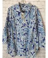Chaps Button Up Shirt Womens 2X Paisley Blue White 3/4 Sleeve Cotton MSR... - £20.33 GBP