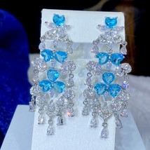 Shiny Sky Blue Cubic Zirconia Pendant Chandelier Tassel Long Bridal Party Earrin - £38.72 GBP