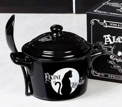 Wicca Full Moon Black Cat Feline Hungry Fine Bone China Bowl With Spoon And Lid - £29.56 GBP