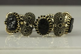 Vintage Costume Jewelry Gold Tone Black Faux Coal Link Rhinestone Bracelet 7&quot; - £16.89 GBP