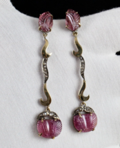 Vintage Natural Pink Tourmaline Carved Diamond 18K Gold Silver Victorian Earring - £432.85 GBP