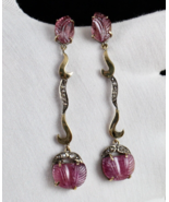 Vintage Natural Pink Tourmaline Carved Diamond 18K Gold Silver Victorian... - £431.57 GBP