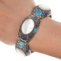 6 7/8&quot; Vintage Chinese Silver enamel filigree Mother of pearl bracelet - £233.20 GBP