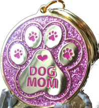 Dog Mom Paw Print Keychain Pink Glitter Gold Plated Pawprint Heart Design - £11.18 GBP