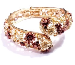 Hinged Cuff Bracelet, Tan Rhinestone Bangle, Floral Wedding Bracelet - £26.56 GBP