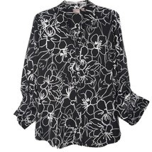 Chico&#39;s Womens Blouse Size 2 Long Sleeve Button Front V-Neck Black White Floral - £11.82 GBP