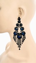 5.75&quot; L  Montana Navy Blue Crystal Pageant Oversized Drag Queen Clip-On Earrings - £25.05 GBP