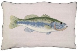 Throw Pillow Bass Needlepoint Fish 16x28 28x16 Cotton Velvet Back Wool Zippered - £257.96 GBP