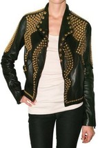 Women&#39;s Black Handcrafted Genuine Leather Slim Fit Biker Gold Studded Jacket - £250.67 GBP