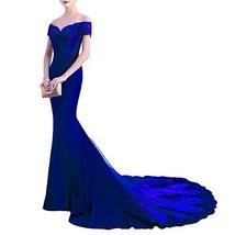 Off The Shoulder Mermaid Long Satin Beaded Formal Prom Dresses Royal Blue US 2 - £92.57 GBP
