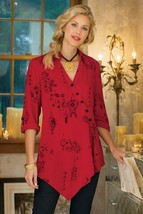 Soft Surroundings M PETITE Red Asian-Style Pagoda Wrap Shirt Knot Button... - £22.82 GBP