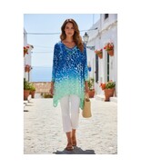 Ruby Rd Blue Print Tunic Blouse Animal Print Beaded Neckline Boho Artsy ... - $24.95