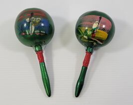 PP) Vintage 2 Handpainted Wood Maraca Mexico Fiesta Party Hand Rattle Sh... - $14.84