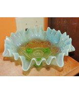 Carnival Glass Bowl 8.5&quot; Green Opalescent bead quilted daisy scroll Ruff... - £21.23 GBP