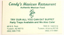 Candy&#39;s Mexican Restaurant Vintage Business Card Tuscan Arizona bc4 - £3.12 GBP