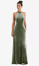 High-Neck Halter Velvet Maxi Dress with Front Slit...TH055....Sage...Size 12 - £67.58 GBP