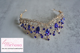 C119B Gold &amp; Blue Rhinestone Tiara - $32.50