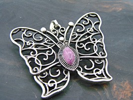 Butterfly Combination Pendant and Brooch Silver Filigree Purple Amethyst Stone - £18.58 GBP