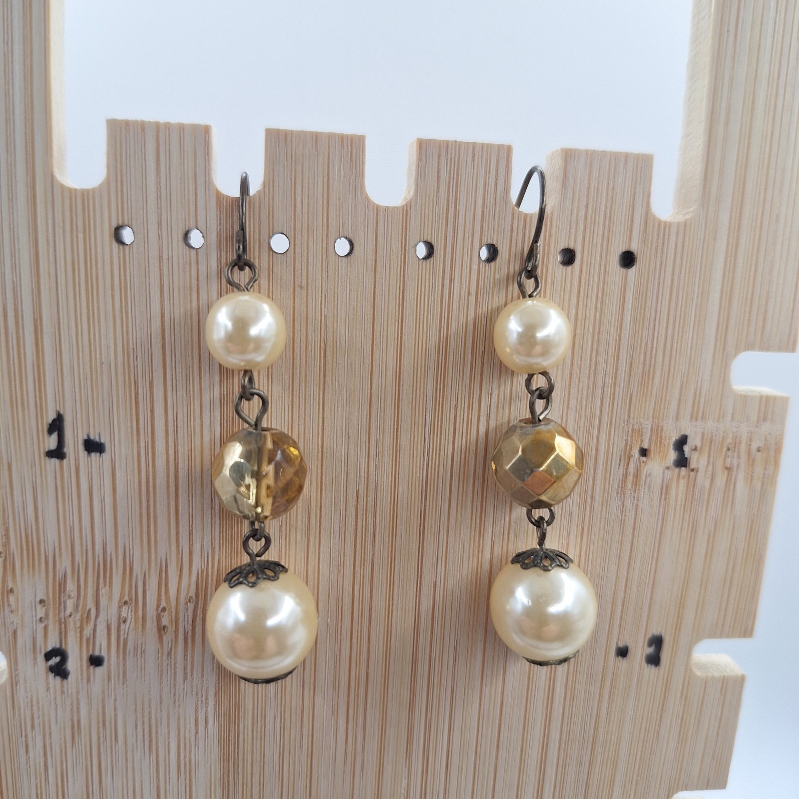 Vintage Goldtone &amp; Faux Pearls Hook Dangling Earrings - $10.80