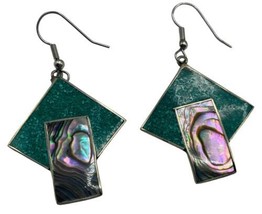 Vintage Alpaca Mexico Silver Abalone Dangle Earrings 90s Turquoise Metal - £15.98 GBP