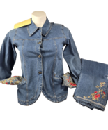 Denim &amp; Co Pant Set Womens Small Embroidery Blue Lined Jacket and Stretc... - $18.66