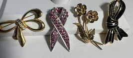 Pins Four Gold Tone Silver Tone Flowers and Bows Rhinestones 1.5 &quot; to 2.0&quot; - £6.15 GBP