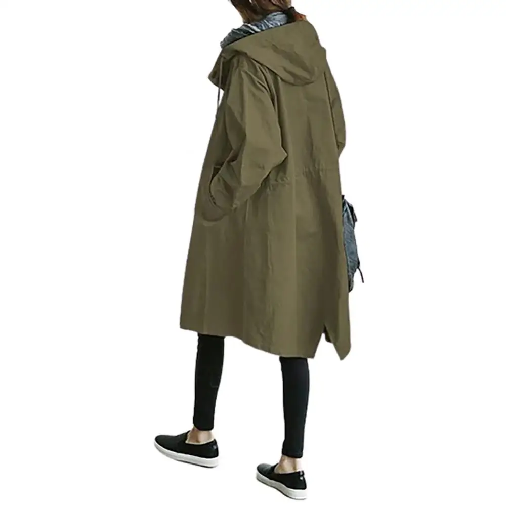 Newest Women  Solid Color Pocket Hooded Windbreaker Long Trench Coat Outerwear W - £132.02 GBP