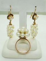 Estate Cluster Akoya Pearl Earrings &amp; Ring Set 14k Gold Size 7 - £775.04 GBP