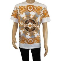 Men LAVERITA European Fashion Crew Shirt Rhine Stones Crown Florals 12089 White image 4