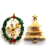 Vintage Christmas Pins Lot 2 Angel In Wreath &amp; Gold Tree Festive Holiday... - €12,90 EUR