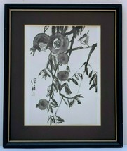 VINTAGE ASIAN SIGNED FLORAL PERCHED BIRD PRINT BLACK &amp; WHITE B&amp;W MID CEN... - £19.67 GBP