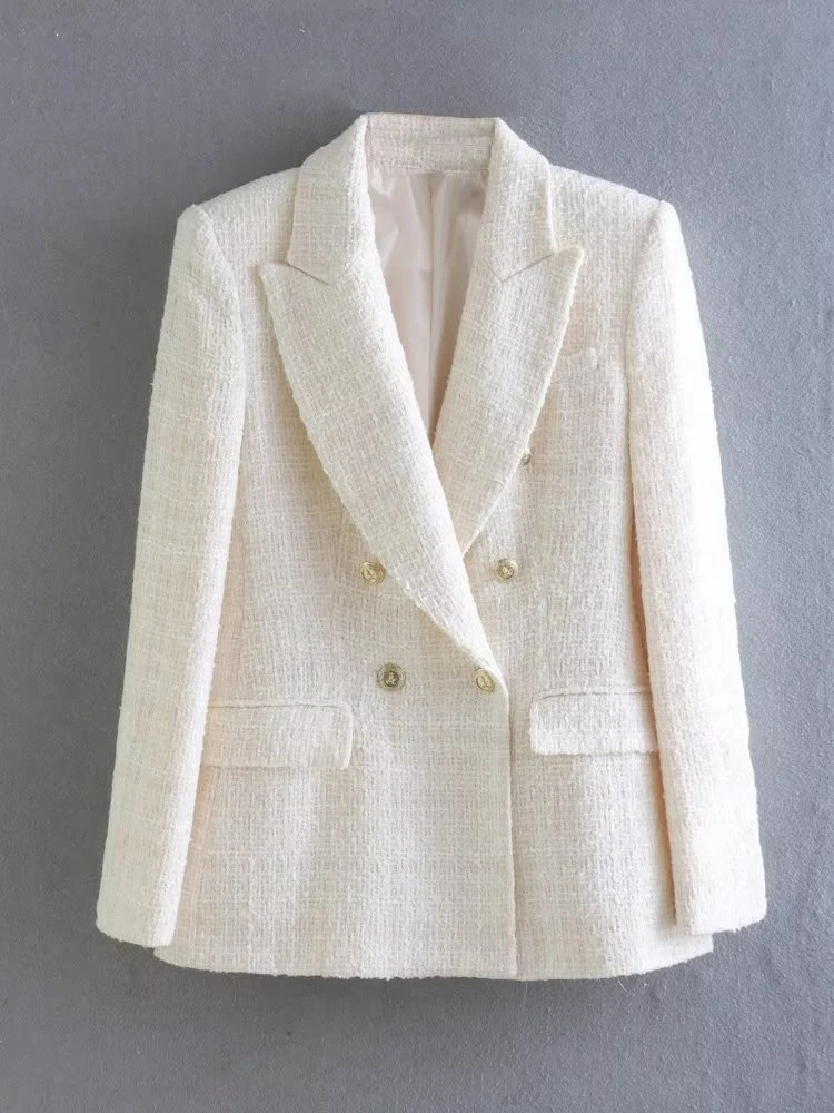 Tangada Women   White Tweed Thick Blazer Coat Vintage Double Breasted Long Sleev - £179.38 GBP